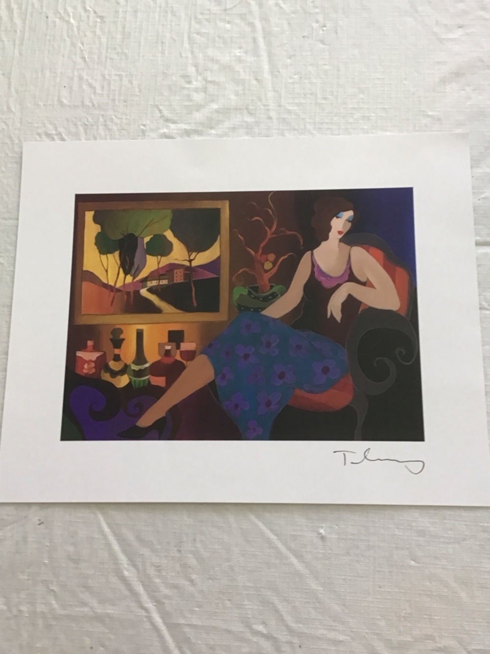 Art Lithograph Featuring Woman in Purple Dress by Itzchak Takay